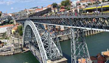 Large iron bridge over a river with city buildings in the background.