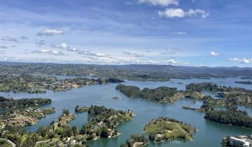 Panoramic view of a lake with islands and hills