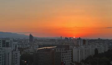 City skyline at sunset.
