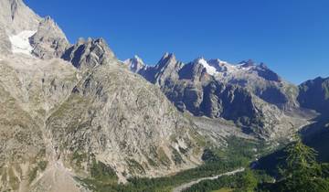 Panoramic view of rocky mountain range under a clear blue sky