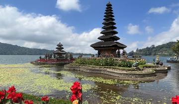 Iconic temple complex surrounded by water and flora