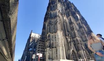 Majestic Cologne Cathedral from a low angle.