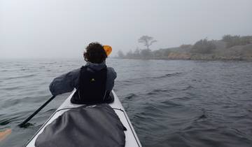 Person kayaking on a misty lake.