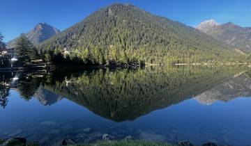 Reflective lake with forested mountains in the background.