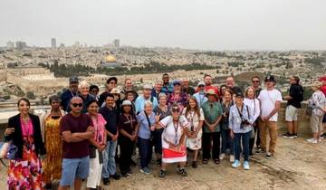 Group of tourists posing with a panoramic view of a cityscape.