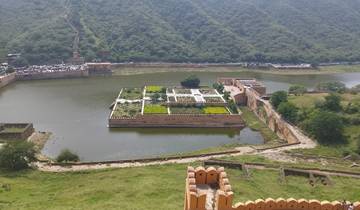 Garden island in a lake surrounded by fort walls.