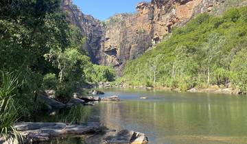 Scenic river in a green canyon environment.