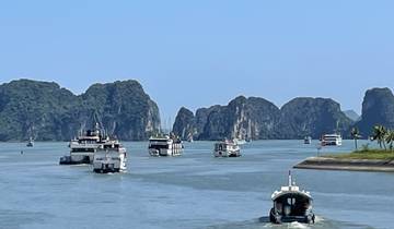 Boats sailing in a bay with limestone formations.