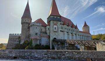 Panoramic view of a castle with red roofs under a blue sky.
