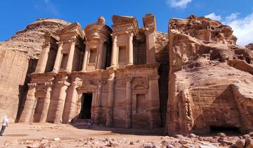 The Monastery at Petra with clear blue sky.
