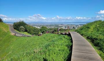 Scenic view of a walkway overlooking a city skyline and water.