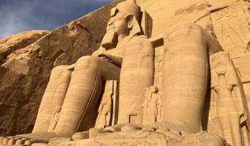 Massive carved statues at the entrance of Abu Simbel temple.