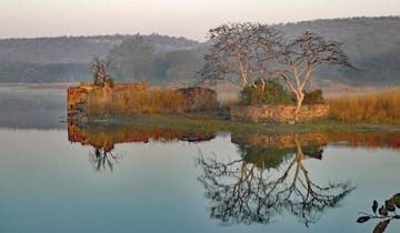 Serene landscape with ruins and tree reflections on water.