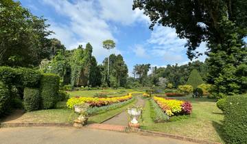 A manicured garden with colorful flowers.