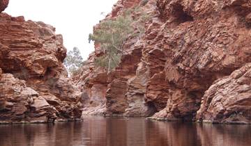 A rocky canyon with water flowing through.