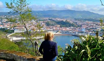 Person overlooking coastal town with mountains in the background.