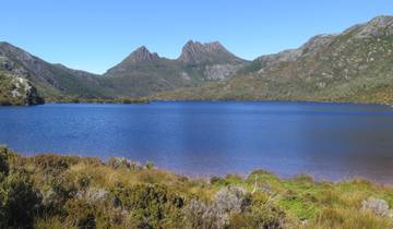Lake with mountains in the background.