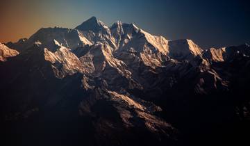 Mountain range with snow-covered peaks.