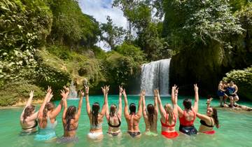 People in swimsuits posing with their backs to a waterfall.