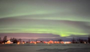 Northern lights over a snowy landscape with cabins.