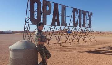 Person leaning against a large metallic sign in a desert.