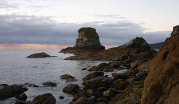 Rocky coastline with sea stacks at sunset.
