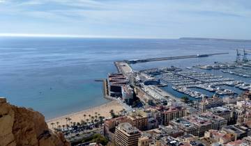 Aerial view of a marina and coastline with beaches.