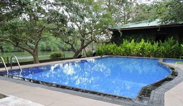 Swimming pool with lush greenery and a river view