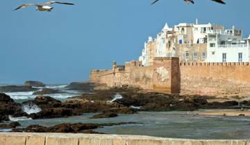 Seaside view with white buildings and rocky shore.