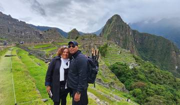 A couple posing in front of the Machu Picchu ruins.