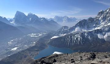 Spectacular view of snow-capped mountains and a lake from a high altitude.