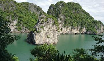 A lone limestone pillar in a bay surrounded by lush greenery.