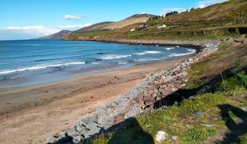 A sandy beach with gentle waves and grassy hills.