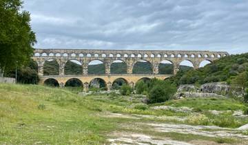Ancient Roman aqueduct surrounded by greenery under a cloudy sky.