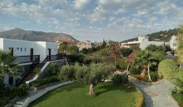Garden and buildings with mountains in the background.