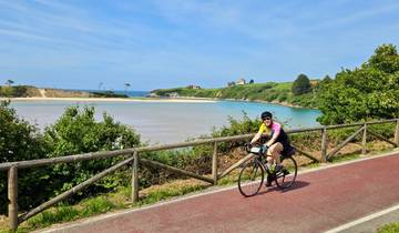 A cyclist riding by a beachside road.