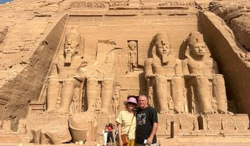 A couple in front of the Great Temple of Abu Simbel.