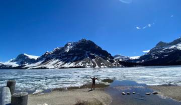 Figure standing triumphant before icy mountain scenery.