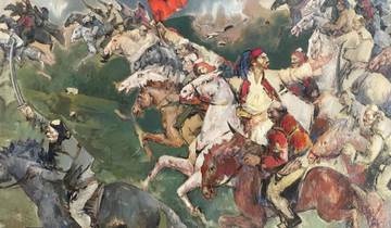Painting of people on horses in battle.