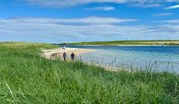 Coastal view with people walking by the beach and green fields.
