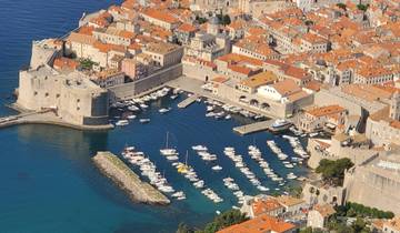 Aerial view of a harbor with numerous boats and historic buildings.