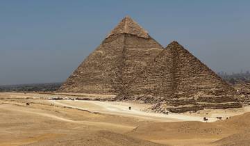The Great Pyramids of Giza in the desert.