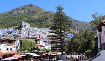 A scenic view of a town with blue buildings nestled in mountains.
