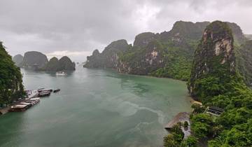 Iconic view of limestone karsts in Halong Bay.