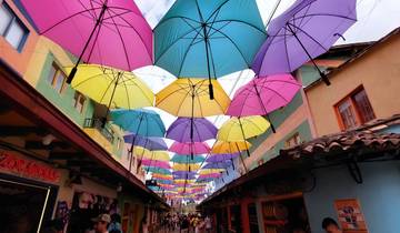 Street with colorful umbrellas hanging overhead.