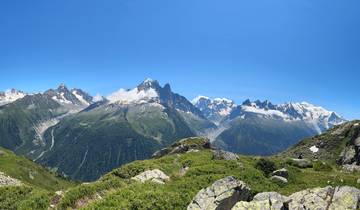 Panoramic view of mountain range with green valleys.