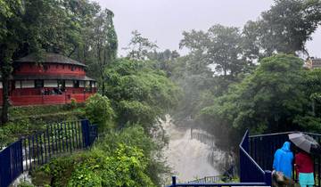 People standing near a waterfall with lush green surroundings.