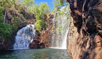 Waterfall cascading into a pool in a natural setting.