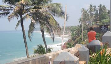 Woman sitting seaside, overlooking palm trees and ocean