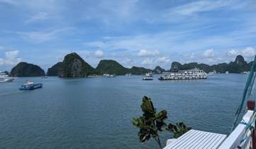 Boats in a bay with limestone cliffs.